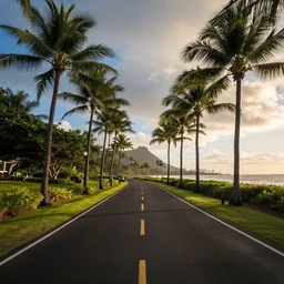 a road in hawai with palm trees on the sides and beach in the background, dramatic lighting, beautiful