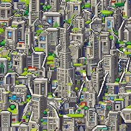 a pleasant 2d pixel art landscape full of brutalist concrete spires
