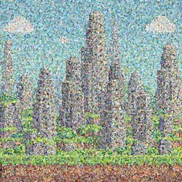 a pleasant 2d pixel art landscape full of brutalist concrete spires