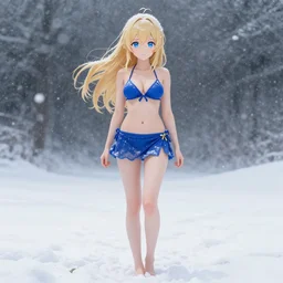 full body shot : a very beautiful young blond anime girl on a snowstorm, sky blue eyes,, bikini, miniskirt, highly detailed, cinematic wallpaper by stanley artgerm lau