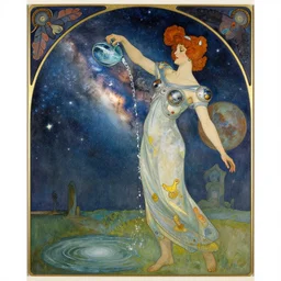 a woman wearing outer space as a dress, pouring water from a vase into the milky way, by travis charest, by alphonse mucha, battle chasers.