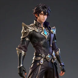 A man with dark magic superpowers as a genshin impact character,unreal render, 4d, fantasy character, blender, behance, artstation, intricate, ornate, Hyperdetailed