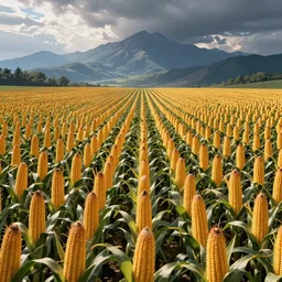 immaculate rows of corn, distant mountains in the background, digital 2d fantasy art
