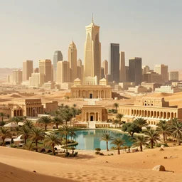 city and temples of arrakis, but it is a luxurious oasis with trees and water, arrakeen, arab architectural and brutalism and gigantism, composition idea concept art for movies, style of denis villeneuve and greg fraiser