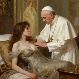 photography of a pope making touching a sensual woman in a bedroom, deep focus, intricate, elegant, highly detailed, digital painting, artstation, concept art, matte, sharp focus, illustration, art by artgerm and greg rutkowski and alphonse mucha