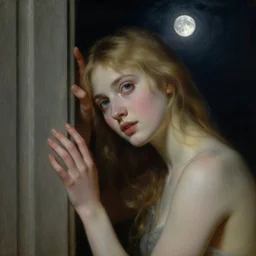 girl under moonlight by auguste toulmouche and bouguereau, dark lighting, perfectly detailed eyes, beautiful hands, pale skin, blonde hair, leaning in doorway, dreamy mood to the painting - n 6