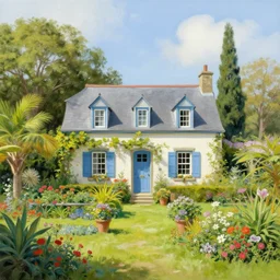 a typical house in a creole garden from reunion island painting by thomas kinkade, trending on artstation