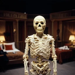 photoreal cinematography of mummified flapper's skeleton wearing dyke richards theatre mask from stanley kubrick's film the shining, inside the elstree studios soundstage set for the overlook hotel guest rooms shot on 3 5 mm eastman 5 2 4 7 film by the shining cinematographer john alcott shot on a cooke panchro 1 0 0 mm lens