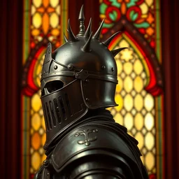 side - view portrait of a knight, caldor helmet with spikes on top, human skull visor, gothic stained glass window, red mosaic background, very masterful