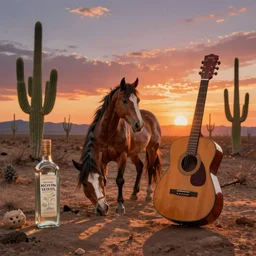 a beautiful painting of a broken horse and a guitar in a barren arizona sunset with a bottle of tequila and saguaro cactus