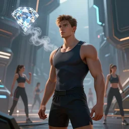 illustration in alex underwood style, people fitness in bright diamond smoke, the environment of sci - fi architecture, dramatic, sharp focus, depth of field, highly detailed, artstation, digital art, volumetric light, dynamic, expression