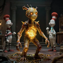 the strange creature, made of glowing oil, they suffer from katagelophobia, film still from the movie directed by denis villeneuve and david cronenberg with art direction by salvador dali and dr. seuss