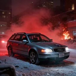 Audi A4 B6 Avant (2002), a gritty neo-noir, dramatic lighting, cinematic, eerie person, death, homicide, homicide in the snow, gunshots, establishing shot, extremely high detail, photorealistic, red mist, red fog, chaos, arson, burning city, cinematic lighting, artstation, by simon stalenhag, Max Payne (PC) (2001) winter New York at night, In the style of Max Payne 1 graphic novel, flashing lights, Poets of the Fall - Late Goodbye