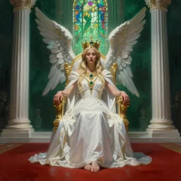monumental mystic fantasy painting of throne room with red ground and the queen sit with long white dress and ritual summun guardian angel gemstone incrusted in golden crown and white colone like greek temple volume lighting dark green fog ray stained glass matte Photorealistic cinematic volume lighting artstation fanart contrast by Jason Felix by Steve Argyle by Tyler Jacobson by Peter Mohrbacher shapen focus instagram filter overlay