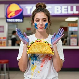 a woman surrounded covered in paint, in a taco bell, color photograph, by john william waterhouse, canon eos c 3 0 0, ƒ 1. 8, 3 5 mm, 8 k, medium - format print