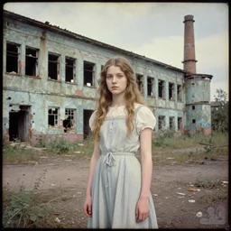 a beautiful girl in front an abandoned soviet factory, daguerreotype by edward hopper, by henri rousseau, by Bosch, art noveau, highly detailed, strong lights, liminal, eerie, Bright pastel colors, octane render, 8k,