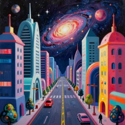 an extremely high quality hd surrealism painting of a 3d galactic neon complimentary-colored cartoony surrealism melting optically illusiony high-contrast zaha hadid city street by kandsky and salvia dali the second, salvador dali's much much much much more talented painter cousin, clear shapes, 8k, ultra realistic, super realistic