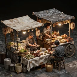 an intricate concept art of asian street vendors on a makeshift stalls, hyper detail, ultra realistic, style by dylan cole and artgerm, trending in artstation, cgsociety, 8 k, octane render, high contrast
