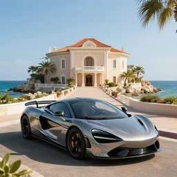mclaren in villa, front sea,digital art,ultra realistic,ultra detailed, ultra wide Lens, art by greg rutkowski