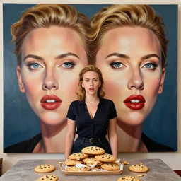 symmetrical, scarlett johansson wants to sell you girl scout cookies, ultimate painting, ultimate perfect symmetrical facial features, 1 9 4 0 s, greg rutkowski, wide angle lens, hyperrealism, realistic lighting