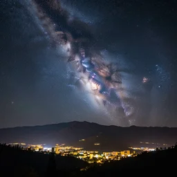 a beautiful double exposure of a deep field astrophotography image by hubble in the sky and a night time landscape with mountains and a cityscape, lpoty, award winning, apod, super sharp detail, detailed, pinpoint focus