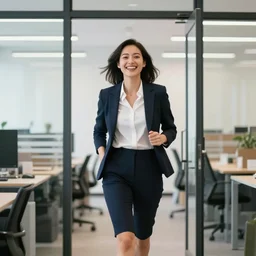 photo where a business woman comes out in the office happy