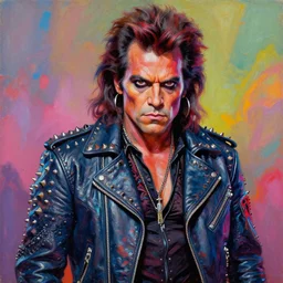 portrait of danny trejo as a scifi apocalyptic demonic orcish goblin biker character, cool pose, psychedelic vibrant colors, futuristic punk rock fashion, oil painting by michael whelan art, sharp focus, realistic, detailed eyes, 8 0 s hair, studded leather jacket, 8 k