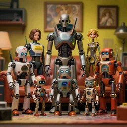 ( cyberpunk 2 0 7 7, bladerunner 2 0 4 9 ), closeup portrait of tin toy retro living room of robot family, depth of field, zeiss lens, detailed, centered, fashion photoshoot, by nicoletta ceccoli, mark ryden, lostfish, artgerm, greg rutkowski, alphonse mucha, breathtaking, 8 k resolution, extremely detailed, beautiful, establishing shot, artistic, hyperrealistic, octane render, - h 8 0 4