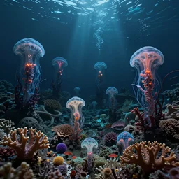 nightmares of the deepest oceans by zdzisław beksinski, bioluminescent, coral reef, ai biodiversity, ernst haeckel, photorealistic ultrasharp hyperdetailed octane render