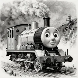 grunge drawing of Thomas the tank engine by - michael karcz , horror themed, detailed, elegant, intricate