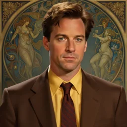close up of dwight schrute wearing a brown suit, mustard yellow dress shirt and necktie, focus, d & d, intricate, elegant, highly detailed, digital painting, artstation, concept art, matte, sharp focus, illustration, hearthstone, art by artgerm and greg rutkowski and alphonse mucha