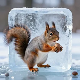 a squirrel removing a oak nut from a large ice cube photograph ice age