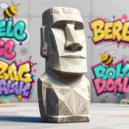 geometric intricate moai statue digital illustration cartoon graffity street comics colorful beeple, by thomas kinkade
