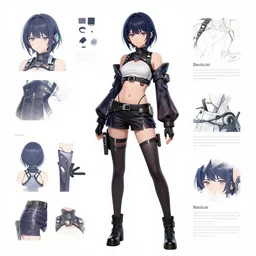 An anime character reference sheet of a female cyberpunk character, trending on artstation