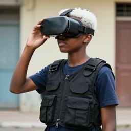 favela black boy, white hair wearing bulletproof vest and vr goggles