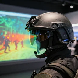 display for a futuristic soldier helmet!!, pov, thermal vision detecting enemies