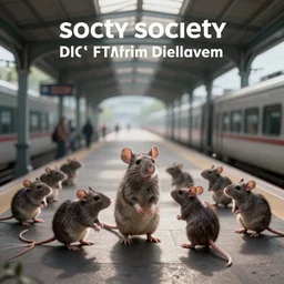 rat society dyptopian train station digital art, concept art, wallpaper, photorealistic rendering