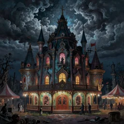 ultra realist soft painting of a curiosities carnival by night, nightmare fuel, omnious sky, symmetry accurate features, very intricate details, film noir, volumetric clouds