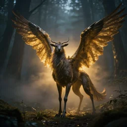 wounded mysterious fantasy winged animal, 4 k, photorealistic, golden light, volumetric, foggy, forest, midnight