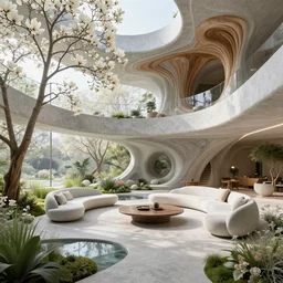 highly detailed villa garden natural beautiful light interior soft cinematic composition of a biophilic granite concrete wood nebula fluid white magnolias surreal scifi futuristic architecture cyberpunk landscape, furniture, trees, grass, flowers, water, vincent callebaut composition, 8 k, unreal engine, hdr