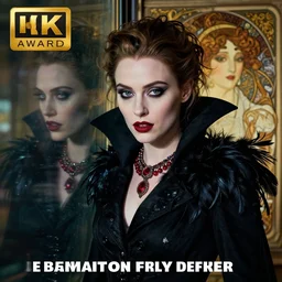 hyperrealistic portrait of amber heard as a vampire witch in a black coat with swan feathers and ruby jewellery as a reflection in glass. by jeremy mann and alphonse mucha, fantasy art, photo realistic, dynamic lighting, artstation, poster, volumetric lighting, very detailed faces, 4 k, award winning