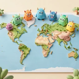 a cartographic map of continents made of a group of squishy monsters