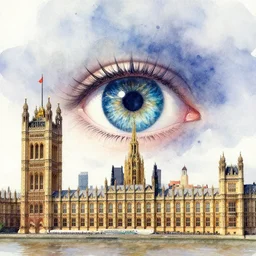watercolour painting of saurons eye over the houses of parliament london