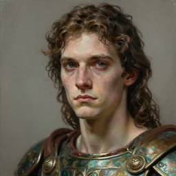 painting of a pale serious young man, soft face and medium brown wavy hair wearing bronze age armor, ultra realistic, smaller ocular orbit, concept art, intricate details, eerie, highly detailed, pursed lips, melancholy face, photorealistic, snub upturn nose, prominent chin, octane render, 8 k, unreal engine. art by artgerm greg rutkowski alphonse mucha