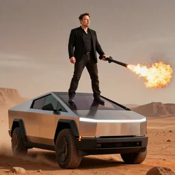 Realistic 3D render of Elon Musk standing on top of a Tesla Cybertruck and using a flamethrower on Mars, highly detailed, futuristic