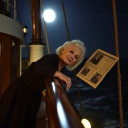 old woman from the movie titanic with white hair leaning over the railing of a ship and throwing a copy of jumanji overboard, scene from titanic movie, film still, medium shot, dimly lit by moonlight at night
