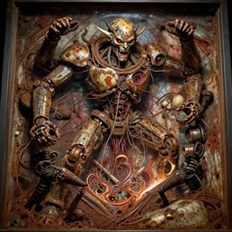 movie still of flayed god machines, cluster battle chaos pinball game, intricately macerated by age, sentient, dethroned goliath machine, whipping blood turbines backglass, hydrocracking battles, rusted, macerated, eviscerated by fimbria wires, bicornate fungal pit, trash patina sheen rotting, by alberto bontempi, alex ross,