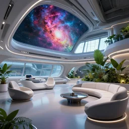 ultra modern concept design of a vast spaceship interior, futuristic chairs and sofas can be seen in the foreground, a large colorful nebula can be seen from a window, large plants in the background, by Kevin Kev Walker