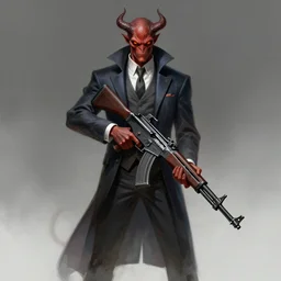 a triple a game concept art of a demonic creature in a suit holding an assaut rifle, art by cushart krentz and greg rutkowski, elegant, front view, sharp focus, morandi color scheme, fantasy style, illustration, high quality, digital art, hyperrealism, octane render, commission art