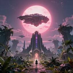alien temple, beautiful landscape, nier automata, protoss!!!!, machine planet, mothership in the sky, pink sun, tropical forest, colorful light, advanced technology, cinematic lighting, highly detailed, masterpiece, art by bastien grivet and darwin cellis and jan urschel
